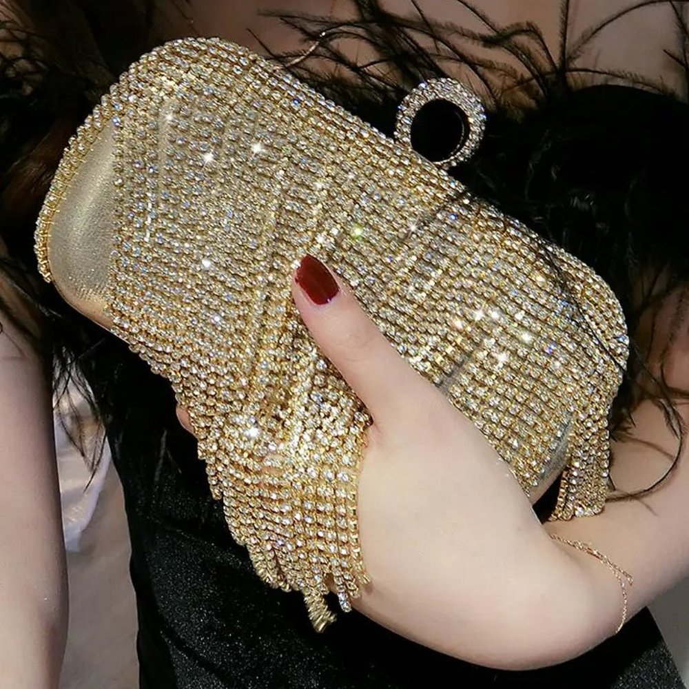 NWT Sparkling Bling Swarovski Crystal Rhinestone Tassel Purse: Silver Go…